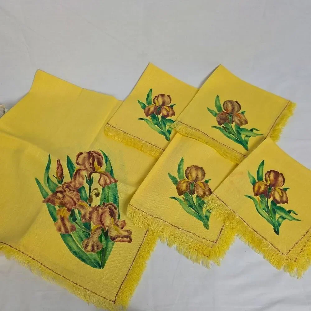 Vintage Yellow Linen Tablecloth Set Iris Floral Fringe 34x34